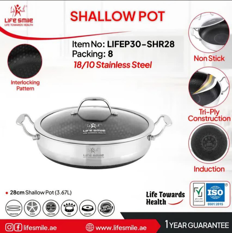 تابه دو دسته استیل لایف اسمایل سایز ۲۸ مدل LIFEP30-SHR28 | کف لیزری